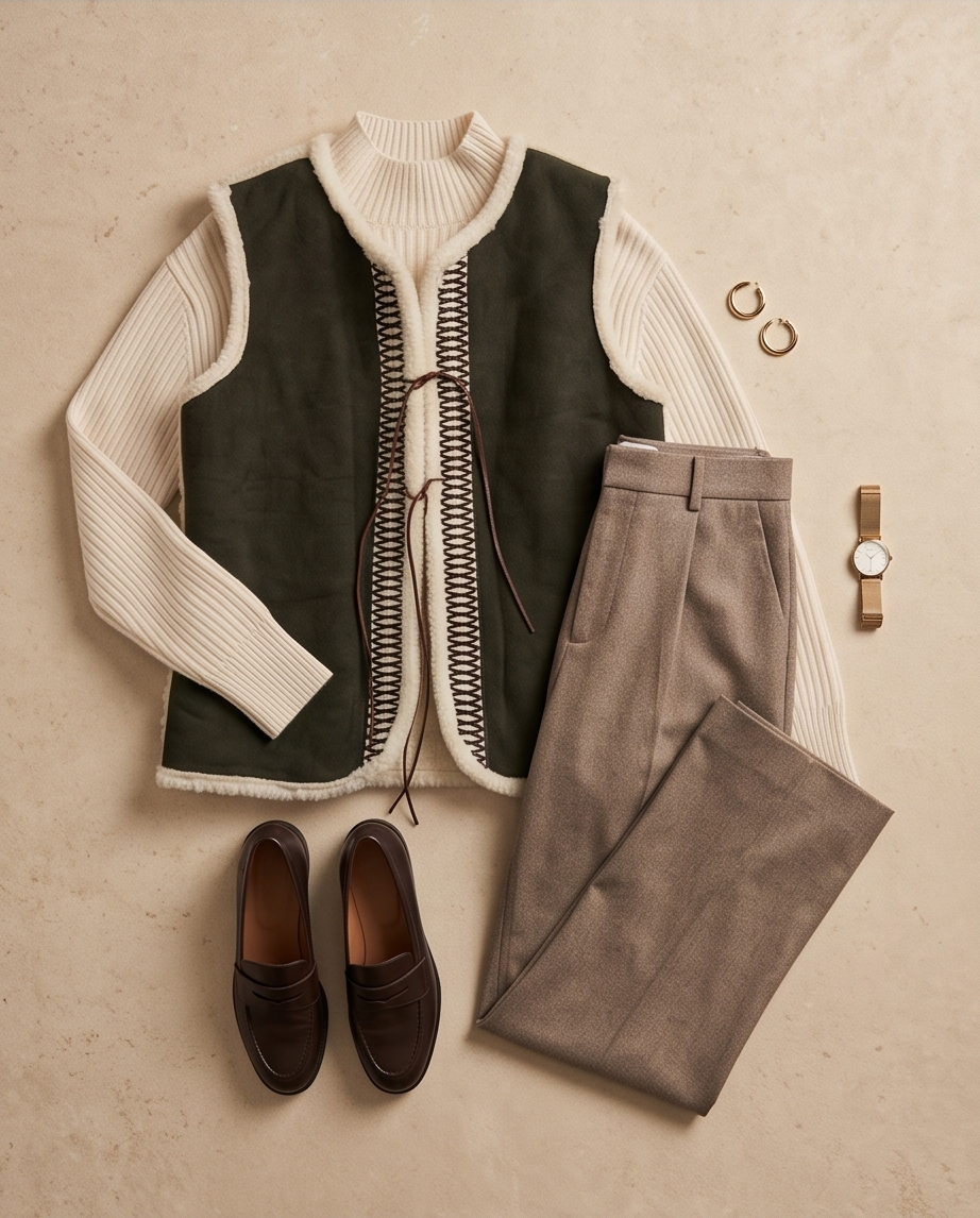 Close detail of the textured fabric of the Maquis green vest