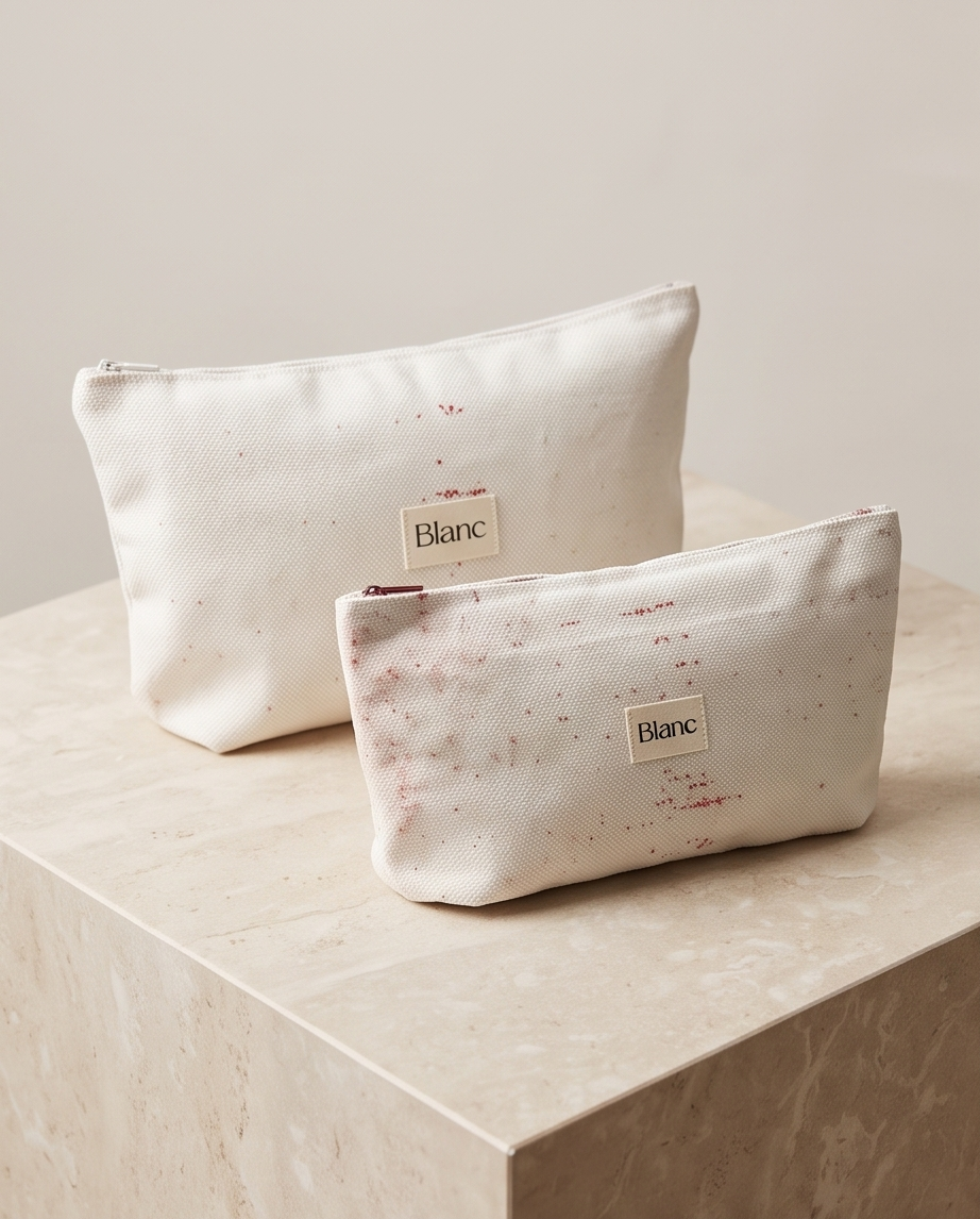 Pochette Blanc in lino bianco con piccoli dettagli bordeaux su un piano in pietra