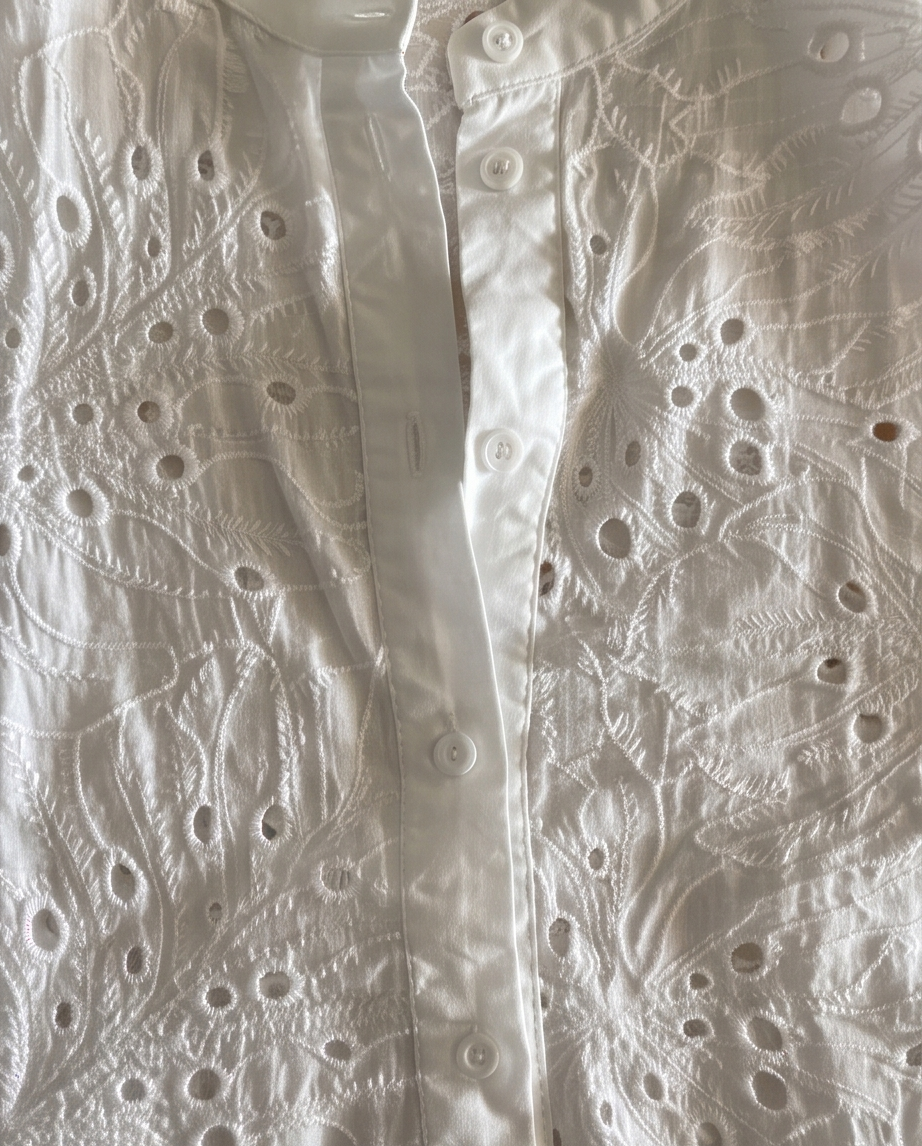 Close-up of Dawn shirt eyelet embroidery and tonal front buttons