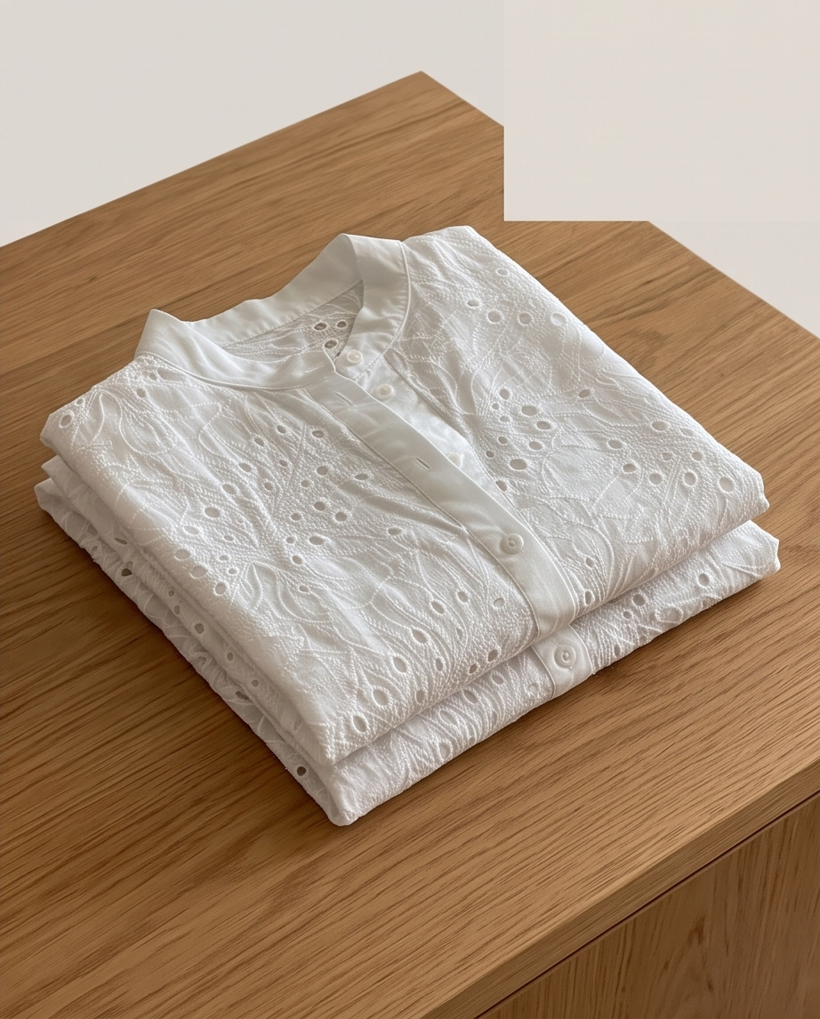 Dawn white sleeveless shirt with eyelet embroidery, worn with light trousers