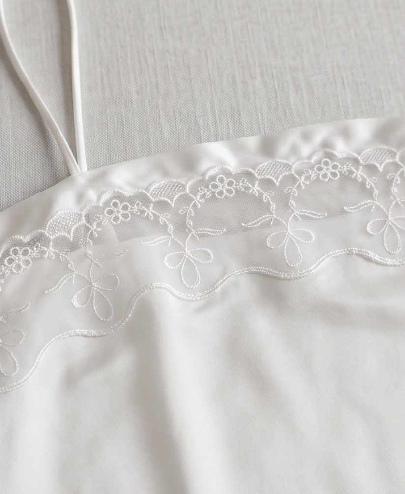 Close-up of Hush camisole floral embroidery and slender strap