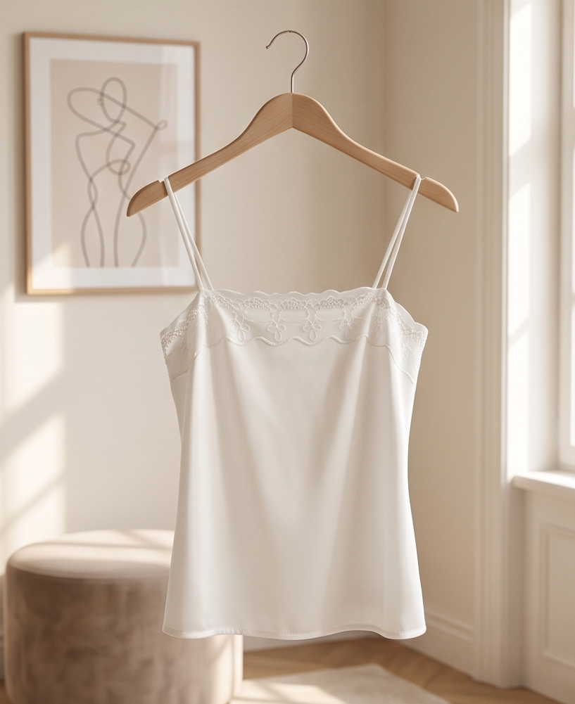 Hush white camisole laid flat showing slender straps and embroidered neckline
