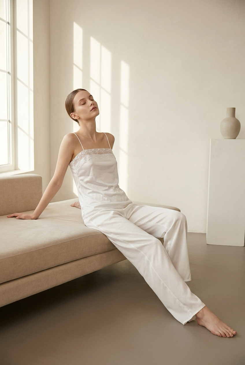 Hush white embroidered camisole worn with flowing white trousers