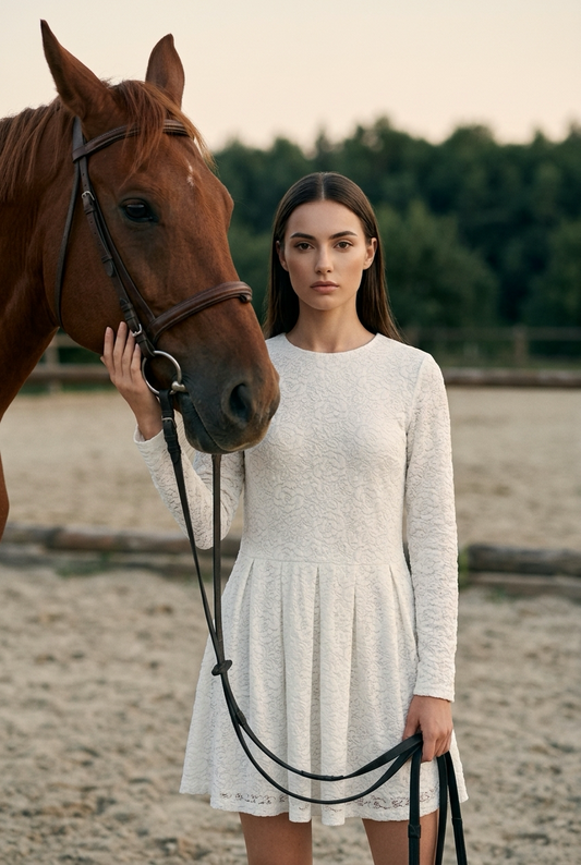 BLANC Ibiza Dusk white long-sleeved dress with delicate floral texture, front view