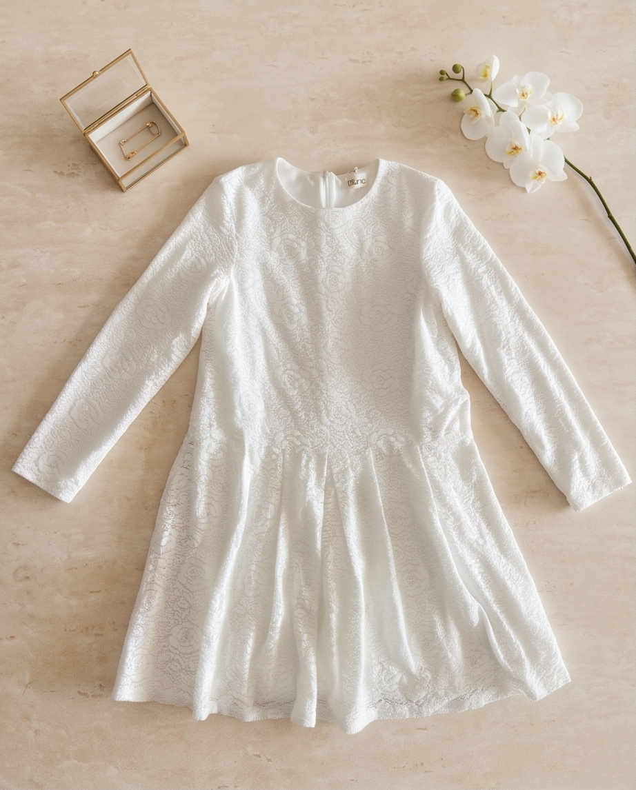 Dusk white long-sleeved dress with a flared skirt, worn in warm natural light