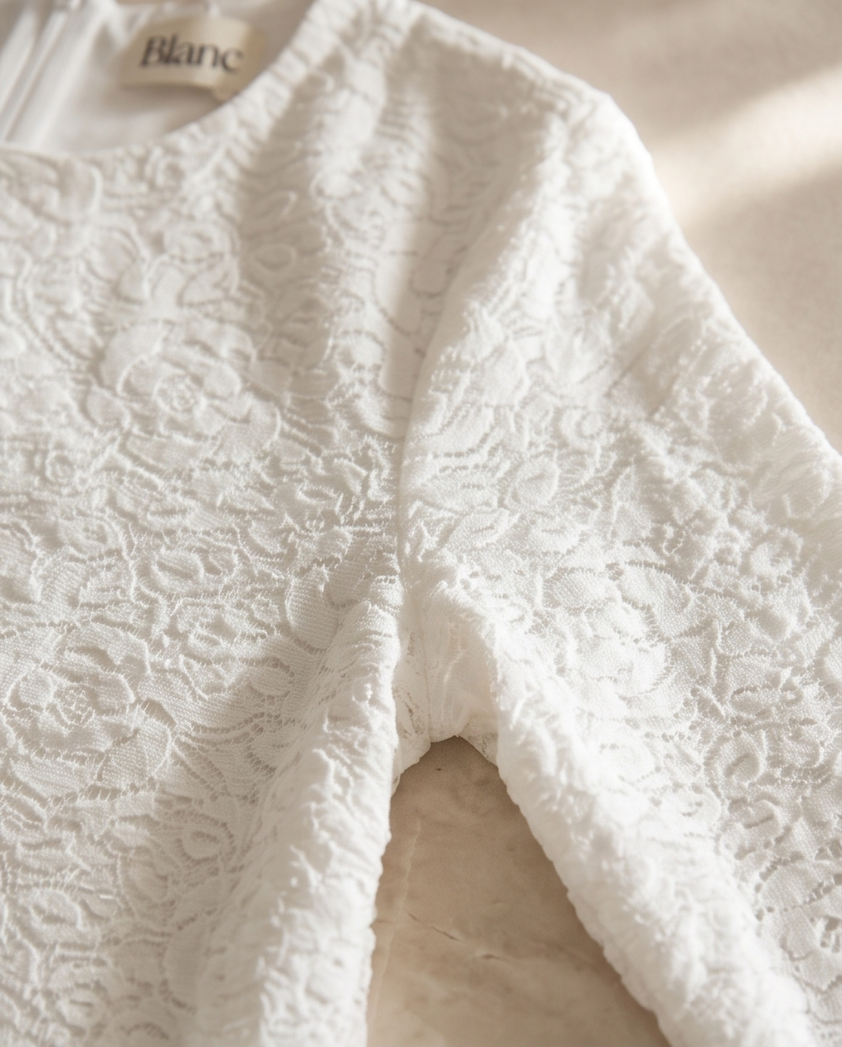 Detail of the textured floral fabric of Dusk white dress