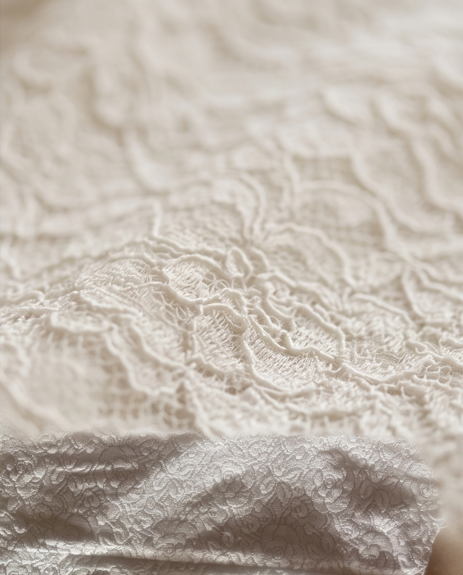Dusk white long-sleeved dress laid flat, showing floral texture and flared skirt